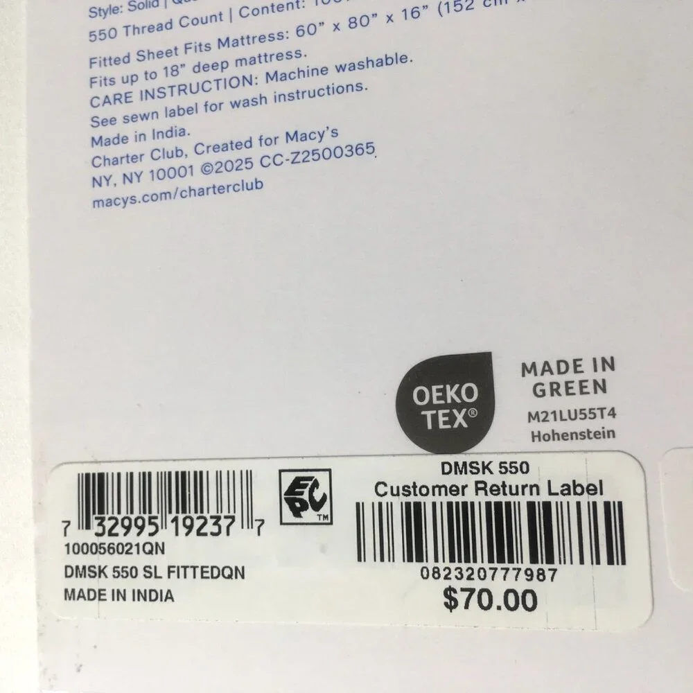 new SOLID WHITE Charter Club 550 TC 100% Cotton 18” Deep Queen Fitted Sheet